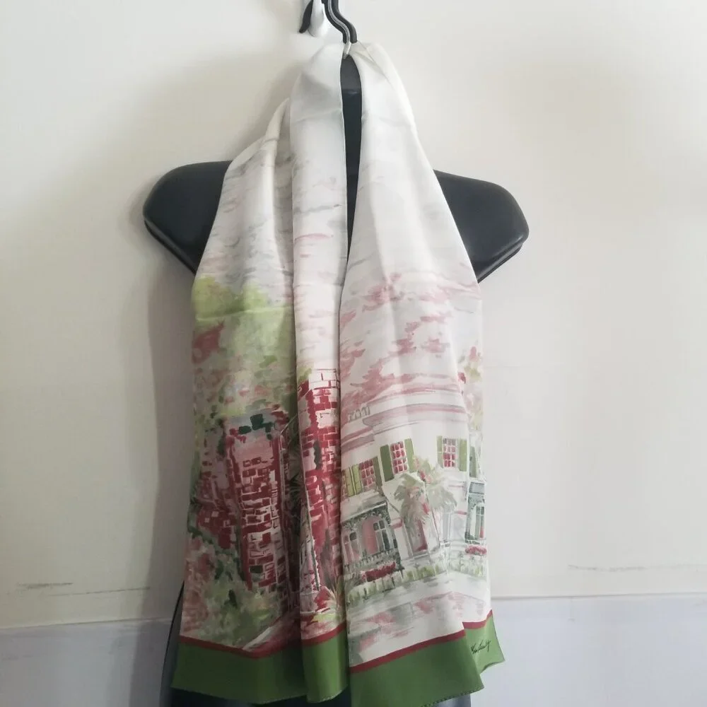 Women's Office Professional Travel Green/White 100% Silk Scarf